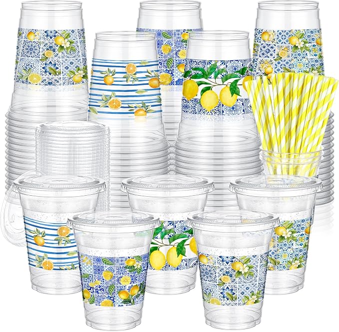 FoldTier 100pcs Capri Lemon Plastic Disposable Cups with Lids and Straws 12oz, Plastic Lemon Stand Drinking Cups for Bridal Shower Supplies Summer Citrus Fruit Amalfi Coast Party Decorations