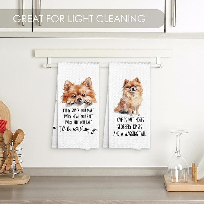 Pomeranian Kitchen Towel Gifts for Dog Lovers Decorative Set of 2, Pomeranian Dish Towels Dishcloths Tea Towels, Pom Waffle Weave Microfiber Hand Towel for Kitchen Bathroom Decor 16x24