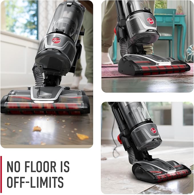 Hoover WindTunnel All-Terrain Dual Brush Roll Bagless Vacuum Cleaner, Corded Upright Vacuum, HEPA Media Filtration, Headlights, Swivel Steering, Corded Vacuum Cleaners for Home Use