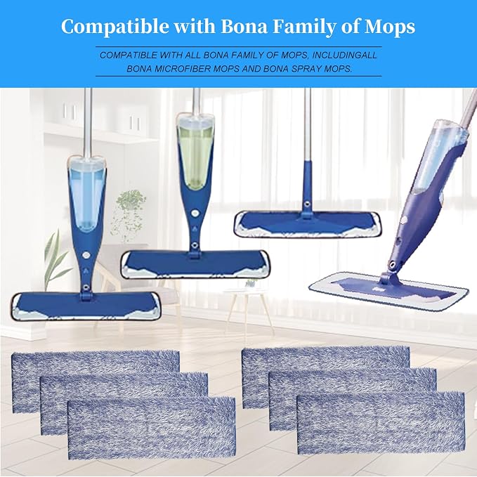 6 Pack Microfiber Dusting Pad Replacement for Bona Family of Mops, Washable & Reusable 18.3 x 6.1 Inch Mop Replacement Pads for Hardwood and Multi-Surface Floors Cleaning Head, Wet/Dry Mop