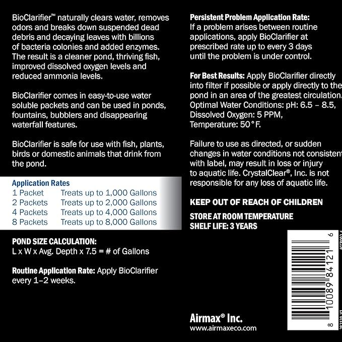 CrystalClear BioClarifier Small Pond & Water Garden Clarifier, 12 Packets | Cleaner for cloudy water with beneficial microbe treatment to improve water clarity; fish, plant & pet safe