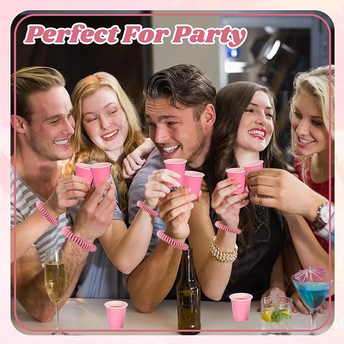 50 Pcs Pink Shot Cups with Wristband for Party 2oz Plastic Shot Glasses Disposable Mini Shot Glasses Bulk with Wrist Coil 2oz Solo Cups for Festival Birthday Favor Wedding Bachelorette Party Supplies