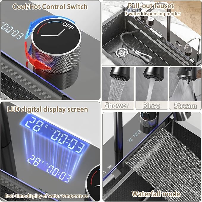 31.5 inch Smart Digital Display Waterfall Sink, 304 Stainless Steel Modern Kitchen Sink with 5 Water Outlet Modes, Waterfall Pull-Out Faucet, Cup Washers and Accessory Set
