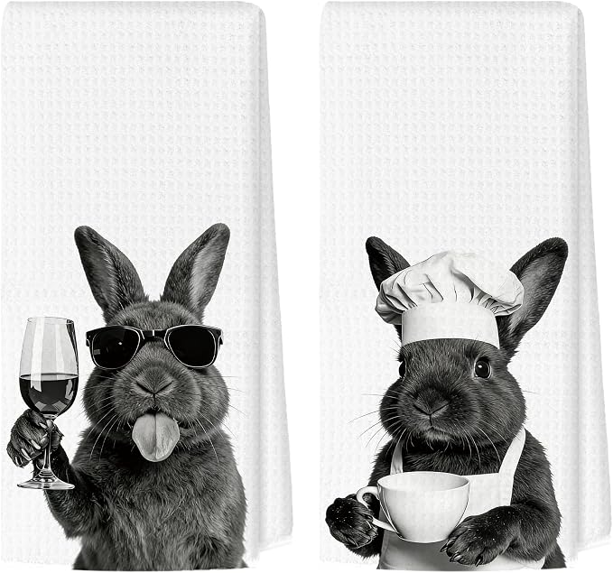 Funny Easter Bunny Wine Coffee Kitchen Towels, Bunny Lovers Gifts Decorative Hand Towels for Kitchen Decor, Rabbit Drink Wine Coffee Dish Tea Towel for Home Bar, 16x24 Inch Set of 2
