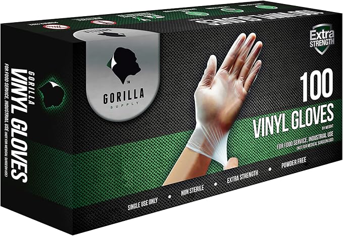 GORILLA SUPPLY Disposable Heavy Duty Vinyl Gloves Latex & Powder Free, BPA Free Food Safe, 100, 300, 1000, S, M, L, XL
