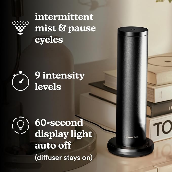 Homedics SereneScent Waterless Essential Oil Diffuser, Home Fragrance Scent Diffuser for Large Rooms, No Water Needed, Patented Air Diffusion Technology, Oil Sold Separately, Black