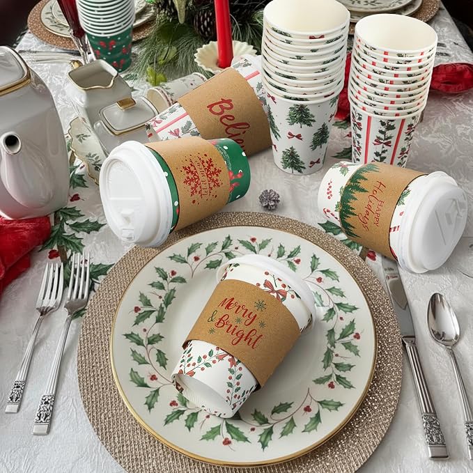 Gueevin 72 Set/ 216 Pcs Christmas Paper Cups Disposable 12 oz Christmas Coffee Cups with Lids and Sleeves Xmas Winter Party Supplies for Hot Chocolate Cocoa Cold Drinks Water Supplies (Bow Style)