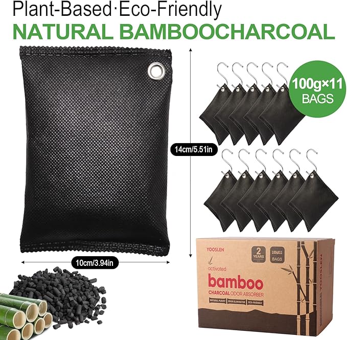 Activated charcoal deodorizer (11 x 100g), bamboo charcoal air purification bags, suitable for dehumidifying, home, refrigerator, shoes, pets, wardrobe, car air freshener deodorant bags.