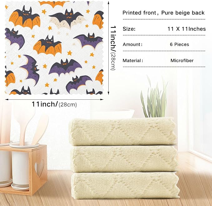 White Halloween Bats and Stars Kitchen Towels Dish Cloths Set of 6 Microfiber Cleaning Cloths for Cars Super Absorbent Machine