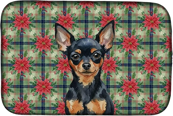Caroline's Treasures Black and Tan Russian Toy Christmas PoinsettIas Dish Drying Mat Absorbent Dish Drying Mat Pad for Kitchen Counter Dish Drainer Mat for Countertop, 14 x 21", Multicolor