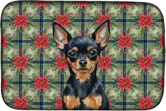 Caroline's Treasures Black and Tan Russian Toy Christmas PoinsettIas Dish Drying Mat Absorbent Dish Drying Mat Pad for Kitchen Counter Dish Drainer Mat for Countertop, 14 x 21", Multicolor