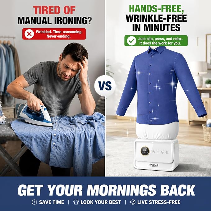 Automatic Ironing Machine, Portable Hands-Free Wrinkle Remover for Shirts & Pants, Gentle on All Fabrics, Ironing Machine Perfect for Apartments, Business Travel & Small Spaces
