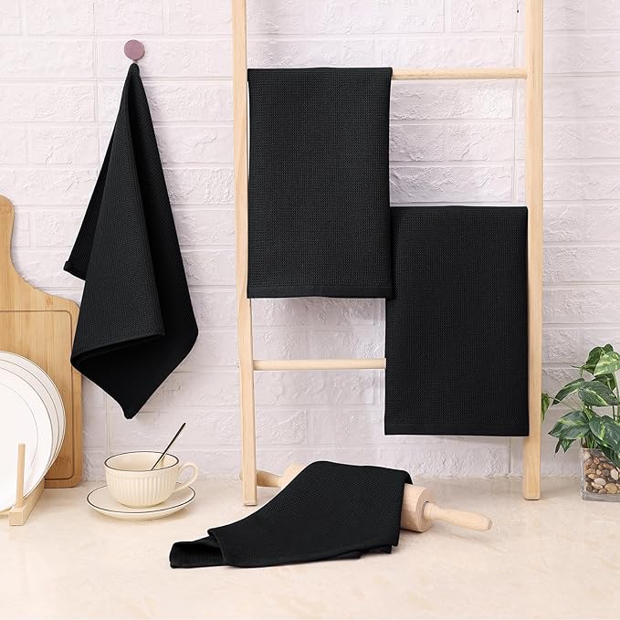 Homaxy 100% Cotton Waffle Weave Dish Cloths - 24 Pack Soft and Absorbent Dish Towels - 12 x 12 Inches Quick Dry Dish Rags - Black