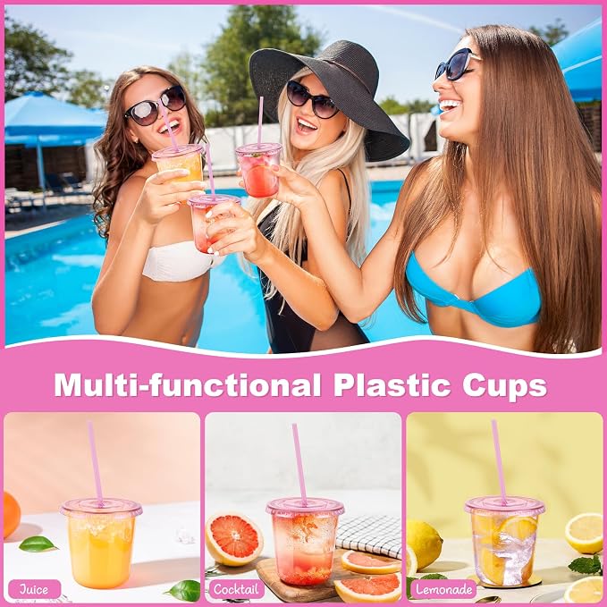 KesaPlan 50 Pack 12 oz Pink Plastic Party Cups with Lids and Straws, Disposable Iced Coffee Cup with Lids, Round Bottom Drinking Cups for Birthday Wedding Valentine's Galentine's Bachelorette Party