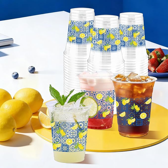 100Pcs Lemon Plastic Party Cups, 12oz Chinoiserie Lemon Disposable Clear Cups for Summer, Weddding, Baby Shower Parties, Holiday Gatherings, Birthday Party Drinking Cup