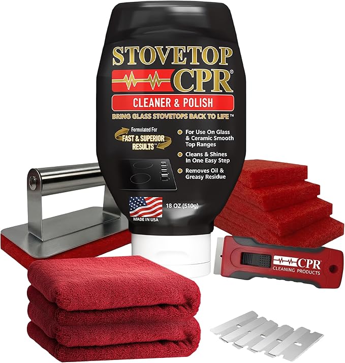Stovetop CPR Glass Cooktop Cleaner Kit (18oz) – Ceramic Stove Cleaner, Polish, Scrubber Pads, Razor Scraper & Microfiber Towels