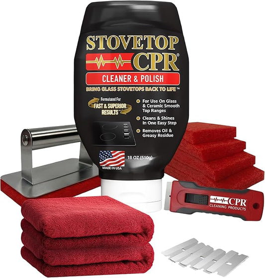 Stovetop CPR Glass Cooktop Cleaner Kit (18oz) – Ceramic Stove Cleaner, Polish, Scrubber Pads, Razor Scraper & Microfiber Towels