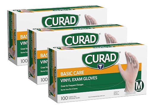 CURAD Basic Care Vinyl Disposable Exam Gloves, Medium (Pack of 300)