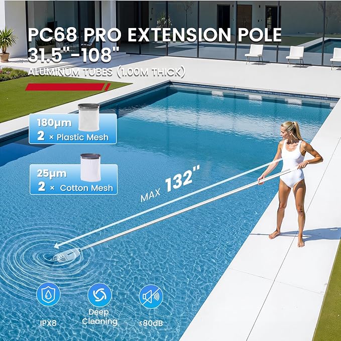 ENHULK PC68 Pro Pool Vacuum, Upgraded 26.5 GPM Beast-Level Suction, 9' Extension Pole, 4 Filters Unit, 1H Runtime, Cordless Handheld Pool Cleaner for Above/Inground Pools