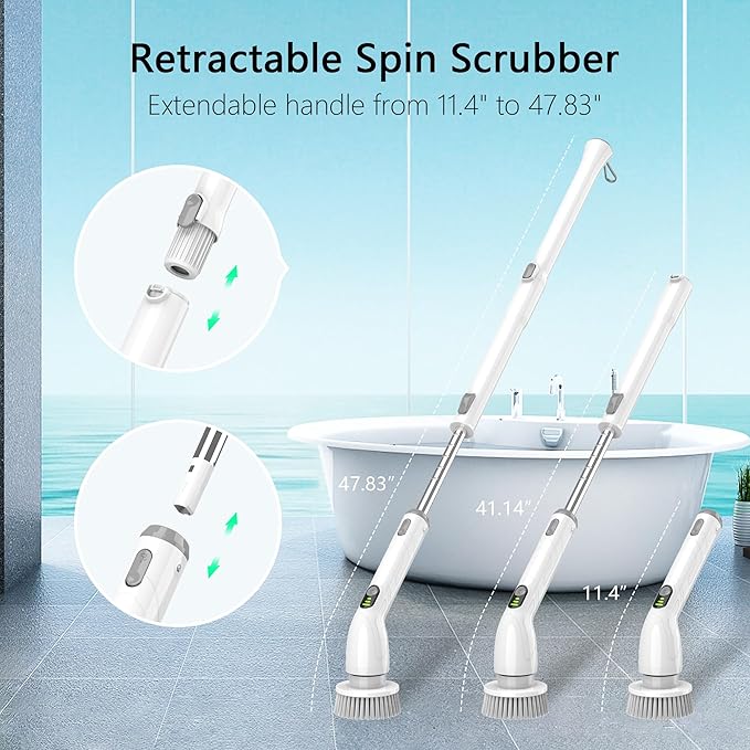 Keimi Electric Spin Scrubber, 2024 New Full-Body IPX7 Waterproof Cordless Bathroom Scrubber with 4 Replaceable Heads, Adjustable Extension Handle, Shower Cleaning Brush for Bathtub, Grout, Tile, Floor