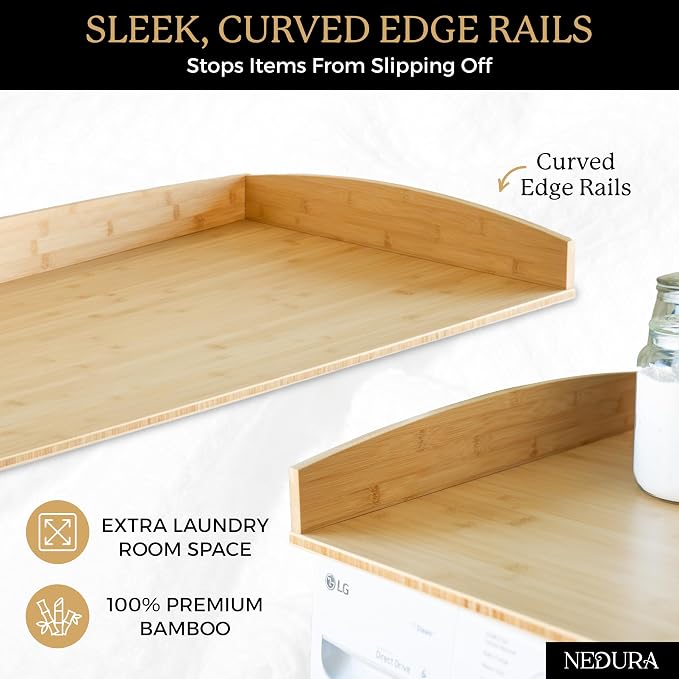 Nedura Washer Dryer Countertop for Washing Machine w/Anti-Vibration Pads&Curved Edge Rails, Bamboo Laundry Countertop, Washer Dryer Topper, Laundry Room Organization, Laundry Room Accessories-Natural