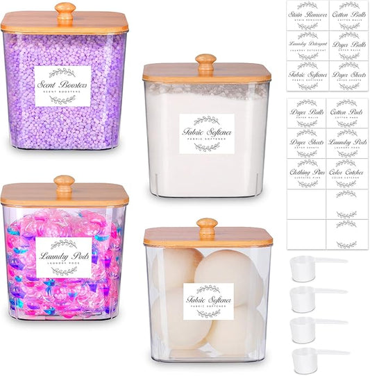 efluky 4 pack Laundry Pods Container & Dryer Sheet Holder Set,Clear Laundry Room Organization Containers with Bamboo Lids and Labels,Laundry Pods Holder for Scent Booster,Powder,Pod
