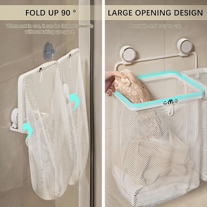 Suction Cup Mesh Laundry Hamper Wall Mounted Collapsible Clothes Organizer Removable Storage Bags for Bathroom Lavatory