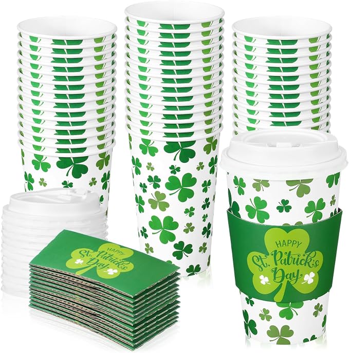 Jingmore 60 Pack St. Patrick's Day Disposable Coffee Cups with Lids and Sleeves 16 oz Irish Coffee Cups Green Shamrock Paper Cups Disposable Drinking Cups for Irish Holiday Party Supplies