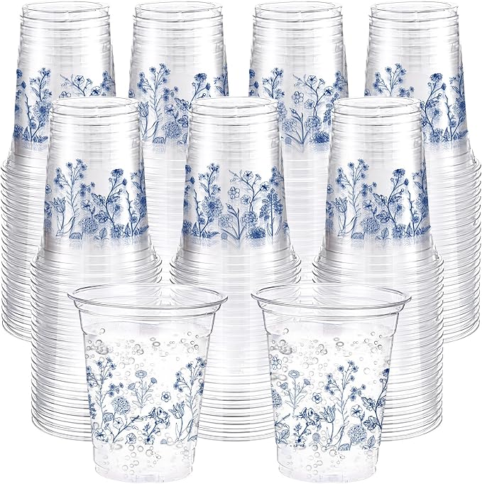 Jingmore 100 Pcs Flower Plastic Cups 12 oz Floral Wildflowers Disposable Clear Drinking Cups Bulk for Summer Spring Wedding Baby Shower Birthday Party Decorations Supplies(Blue Floral,Blue)