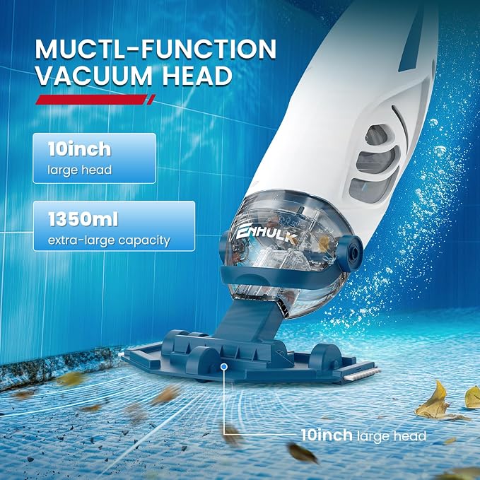 ENHULK PC68 Cordless Pool Vacuum, Upgraded 26.5 GPM Beast-Level Suction, 6' Extension Pole, 2 Filters, 1H Runtime, Handheld Rechargeable Pool Cleaner for Above Ground & Inground Pools