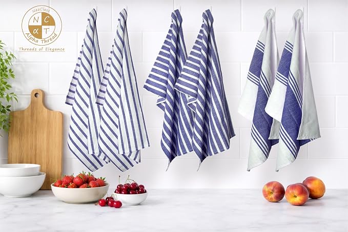 Pack of 6 Cotton Kitchen Towels Set, Dish Towels, Cleaning Rags, Kitchen Dish Cloths for Washing Dishes, Cotton Cleaning Cloths, Ultra Soft, Lightweight & Quick Dry, Slub Weave, 28" x 18", Denim Blue