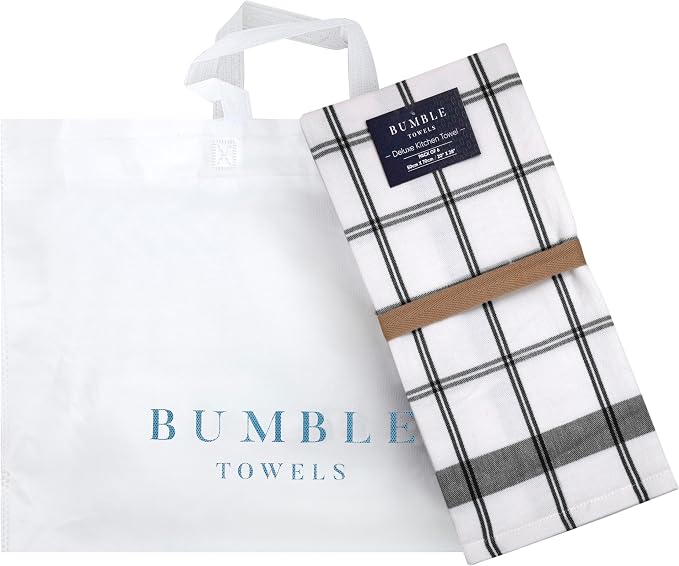 Premium Kitchen Towels (20”x 28”, 6 Pack) | Large Cotton Dish Towels | Flat & Terry Highly Absorbent Kitchen Linen Set with Hanging Loop | Black Check