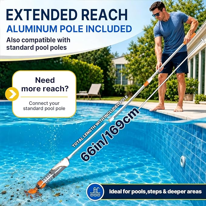 Cordless Pool Spa Vacuum Cleaner Rechargeable Handheld Pool Vacuum with 60-Min Runtime Dual Filtration 3 Cleaning Heads Telescopic Pole for Sand Leaves Hot Tubs Above Ground & Small Pools (Orange)