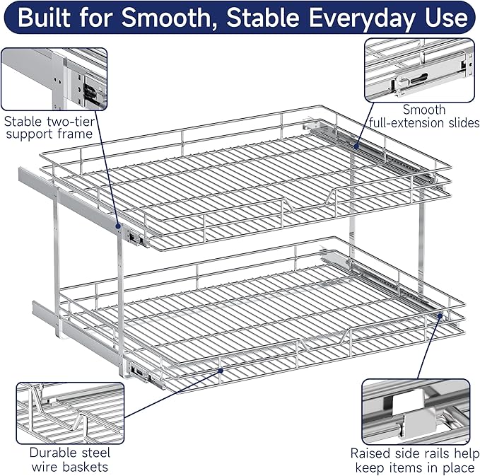 2-Tier Pull Out Cabinet Organizer, 31.5" W x 21.5" D, Heavy Duty Dual Slide Out Shelves for Wide Base Cabinets, Chrome Wire Basket Drawer for Pots, Pans, Pantry & Cleaning Supplies