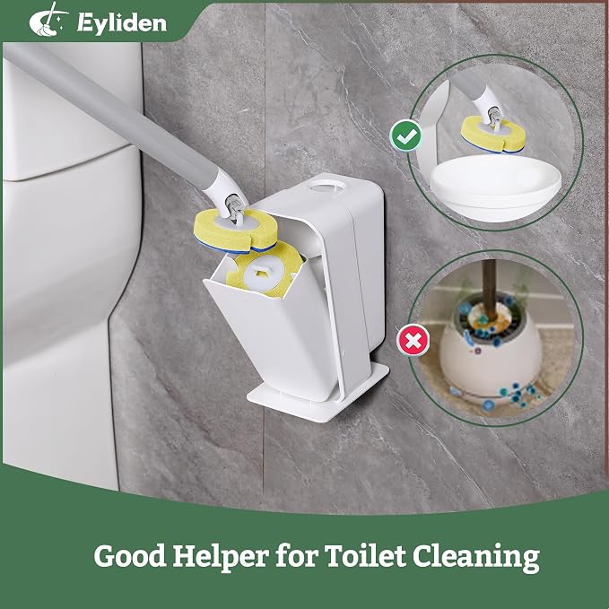 Eyliden Disposable Toilet Brush with Holder, 40-Refill Touch-Free Wand Kit | Pre-Soaked Concentrated Cleaner Sponge, Auto-open Caddy, 19.5" Aluminum Handle, 42 Set Toilet Bowl Cleaing, for Bathroom/RV