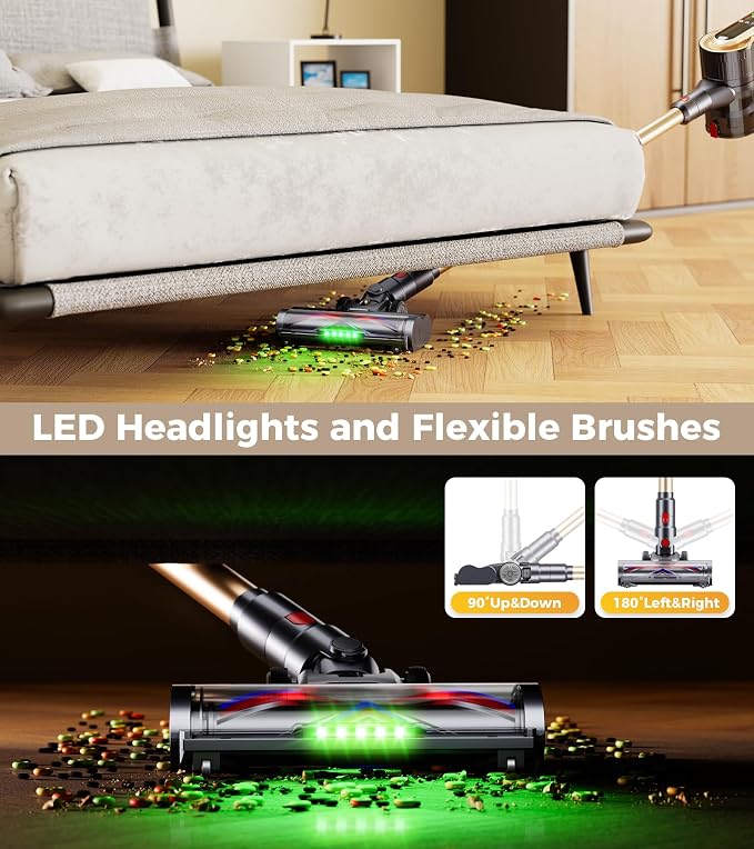 RENDOW Cordless Vacuum Cleaner, 600W 50Kpa 65Mins Vacuum Cleaners for Home, Self-Standing Cordless Stick Vacuum with LED Display,Anti-Tangle Rechargeable Wireless Vacuum for Pet Hair/Carpet/Hard Floor