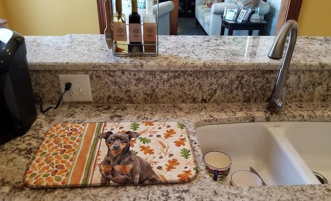 Caroline's Treasures Chocolate and Rust Miniature Pinscher Min Pin Heirloom Fall Dish Drying Mat Absorbent Dish Drying Mat Pad for Kitchen Counter Dish Drainer Mat for Countertop, 14 x 21", Multicolor