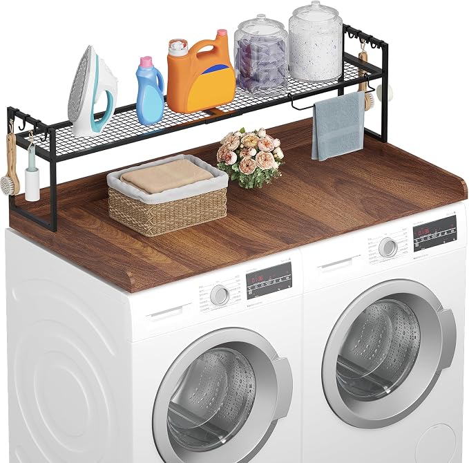 Lifewit Washer Dryer Countertop with Adjustable Shelf, Melamine Cover for The Top with Edge Rails, Towel Rack for Laundry Room Storage and Organization, Hold 200lbs, Walnut, 54" x 27.5"