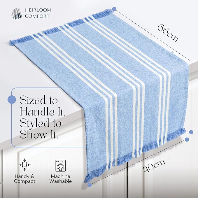 5 Pack Monochrome Stripe Dish Towels with Fringes, 16"x26", 100% Cotton, Absorbent & Durable, Quick Drying Kitchen Towels for Daily Cleaning, Cooking & Baking, Easy Care, Sky Blue