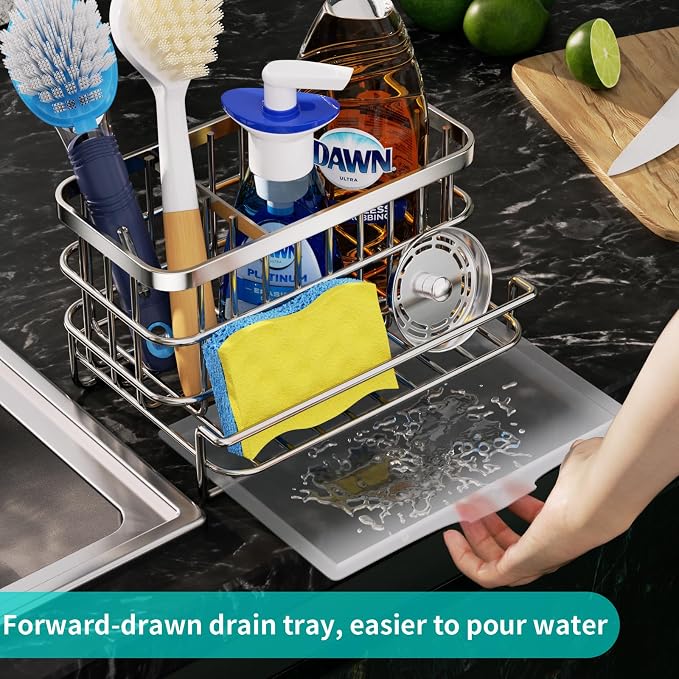 HapiRm Multifunctional Kitchen Sink Caddy with Drain Tray + Rustproof & Waterproof Sponge Holder for Kitchen Sink - Silver, Black
