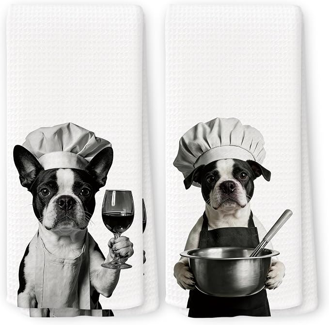 Funny Chef Boston Terrier Kitchen Towels Set of 2, Boston Terrier Dog Gifts for Women Dish Tea Towels for Kitchen, Dog Mom Lovers Owner Gifts Decorative Hand Towel, 16x24 Inch