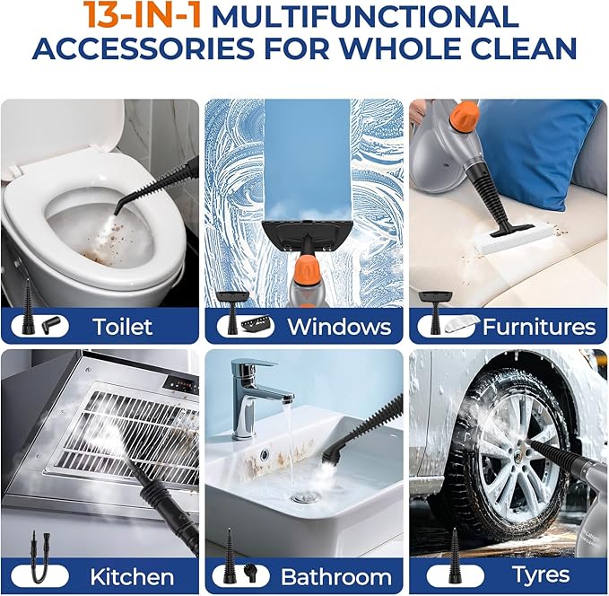 Steam Cleaner, Pressurized Handheld 13pcs Multi-Purpose Natural Deep Cleaning Steamer, Portable Steamer for Cleaning Home, Grout, Kitchen, Car, Window, Upholstery, Bathroom and Clothes, Gray
