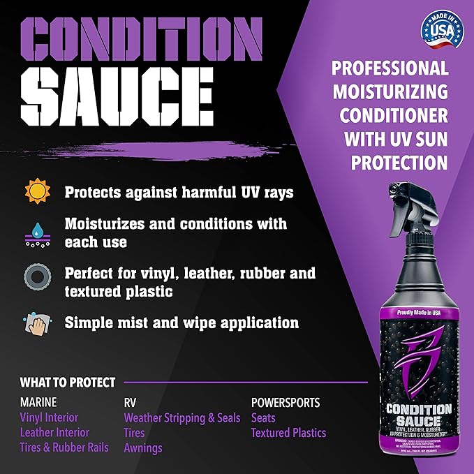 Bling Sauce Boat Essentials Cleaning & Detailing Kit, 4-Pack, 20 oz Each | Four marine care sprays tackle hard water spots, vinyl, interiors and fast wax shine in one compact detailing bundle