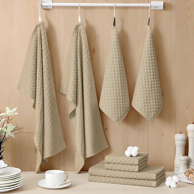 Homaxy 100% Cotton Kitchen Towels and Dishcloths Set, 12 x 12 & 15 x 25 Inches, Set of 8 Bulk Terry Cloth Dish Towels, Super Soft and Absorbent Hand Towel with Hanging Loop, Tan
