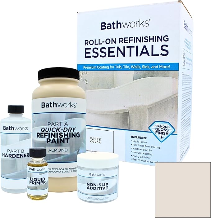 Bathworks Quick-Dry Essentials Roll-On Refinishing Kit - 22 fl oz, High Gloss Almond, Durable Acrylic Resin Coating with Non-Slip Additive - Fast 12-Hour Drying DIY System for Bathtubs, Tile, Sinks, & Showers (Paint Materials Only)