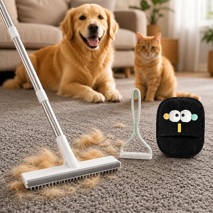 GOOGO Pet Hair Removal Tool Kit, 3 in 1 Carpet Rake Set with White Long Handle Brush, Mint Green Scraper and Scalable Pet Broom Glove for Carpets, Couches and Cars | Includes a white 52-inch carpet rake, mint green scraper and grooming glove for pet ha...