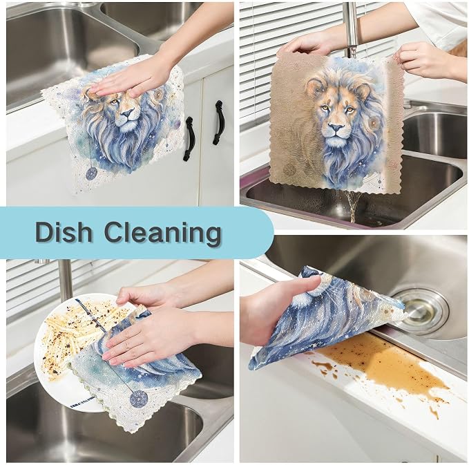 ALAZA Dish Towels Kitchen Cleaning Cloths Lion (15) Dish Cloths Absorbent Kitchen Towels Lint Free Bar Tea Soft Towel Kitchen Accessories Set of 6,11"x11"
