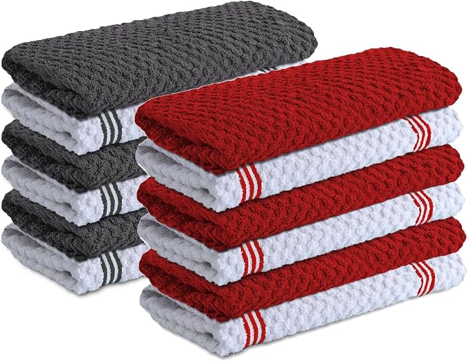 Infinitee Xclusives Kitchen Towels Bundle - Pack of 6 Grey + Pack of 6 Red - Soft Absorbent Cotton Dish & Cleaning Towels Set
