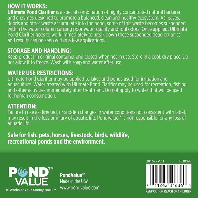 PondValue Ultimate Pond Clarifier for Large Outdoor Ponds & Lakes, Natural Bio Treatment for Clean & Clear Water, Fish, Plant & Pet Safe, 12 Packets