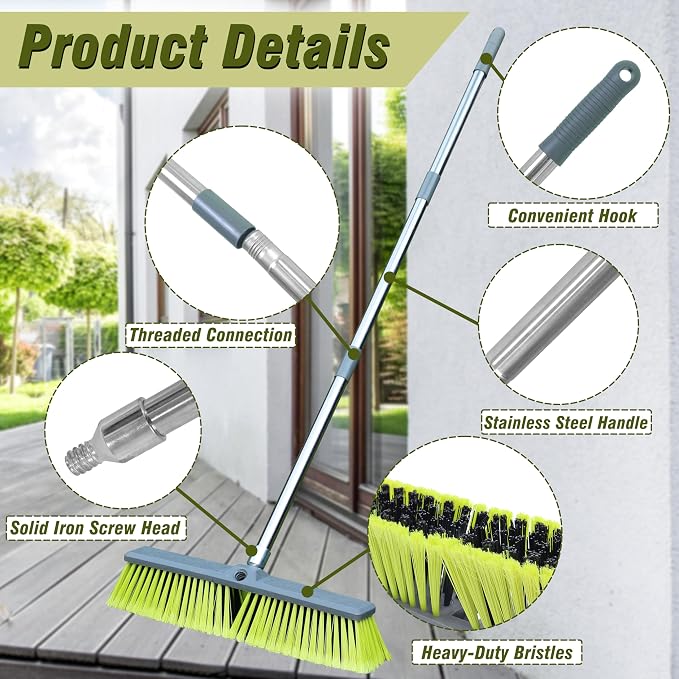 18" Push Broom with 47" Long Handle, Multi-Surface Floor Scrub Brush for Cleaning Deck, Patio, Garage, Driveway
